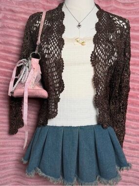 Joseph A Brown Open Crochet Scalloped Cardigan